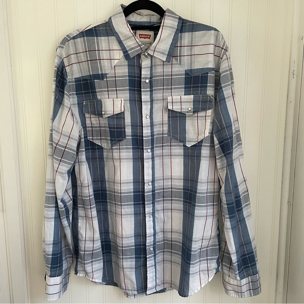 LEVI’S Men’s Long Sleeve Western Style Plaid Pearl Snaps Blue White Red Size M